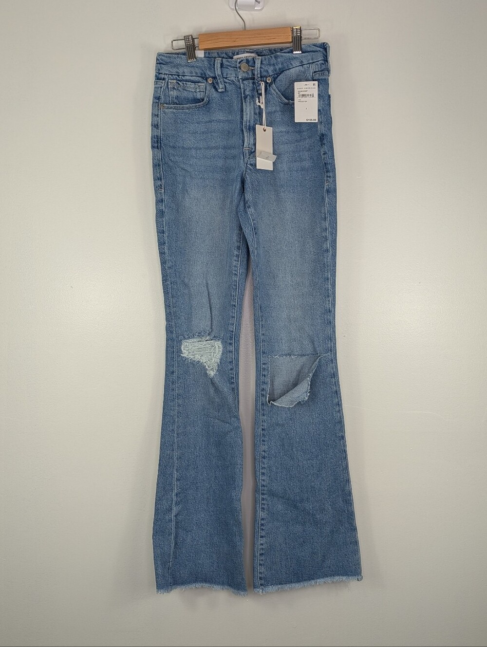 NWT Good American INDIGO129 Womens Size 2/ 26 Classic Raw Hem Ripped Jeans Flare